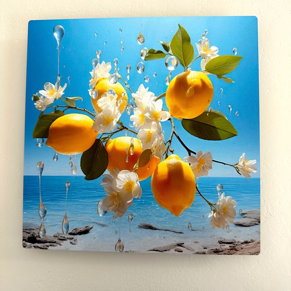Artwork of Lemons and Flowers 8X8 ready to hang.